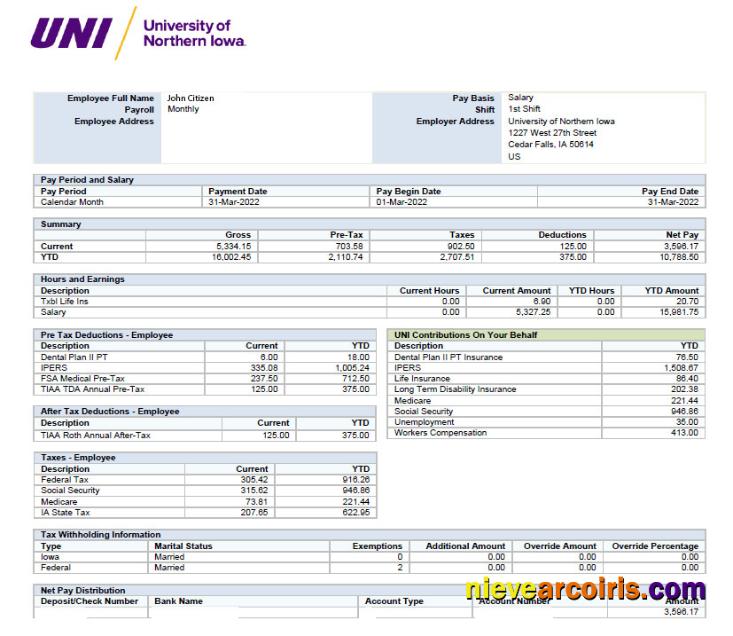 USA UNIVERSITY of Norther Iowa paystub